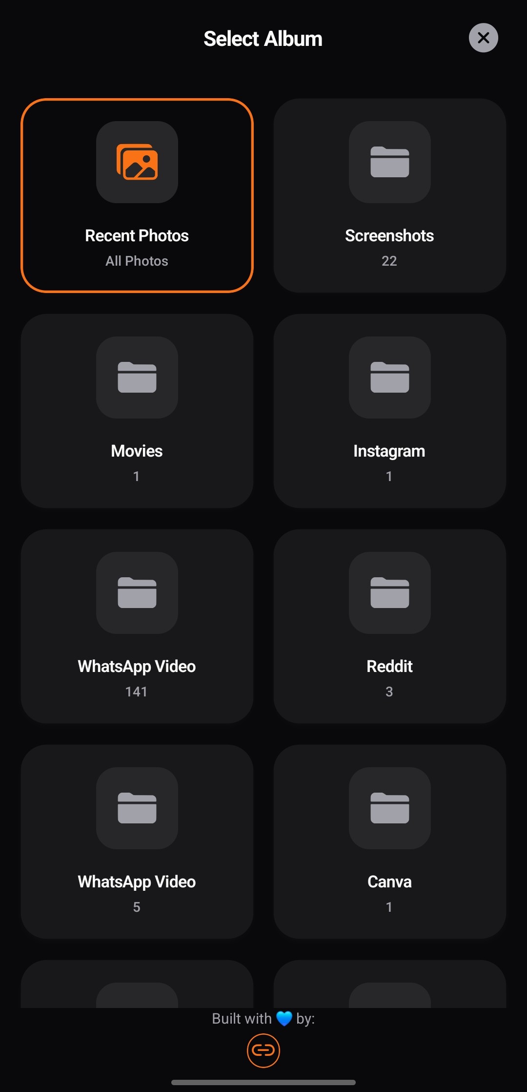 SwipeAway album picker modal listing device albums